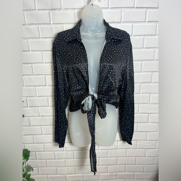 ZARA Black Polka Dot Tie-Front Blouse/size L - Picture 2 of 10